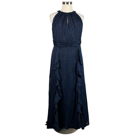 XSCAPE Women's Formal Dress Size 16W Blue Floral Metallic Chiffon Ruffled Gown - Picture 1 of 13